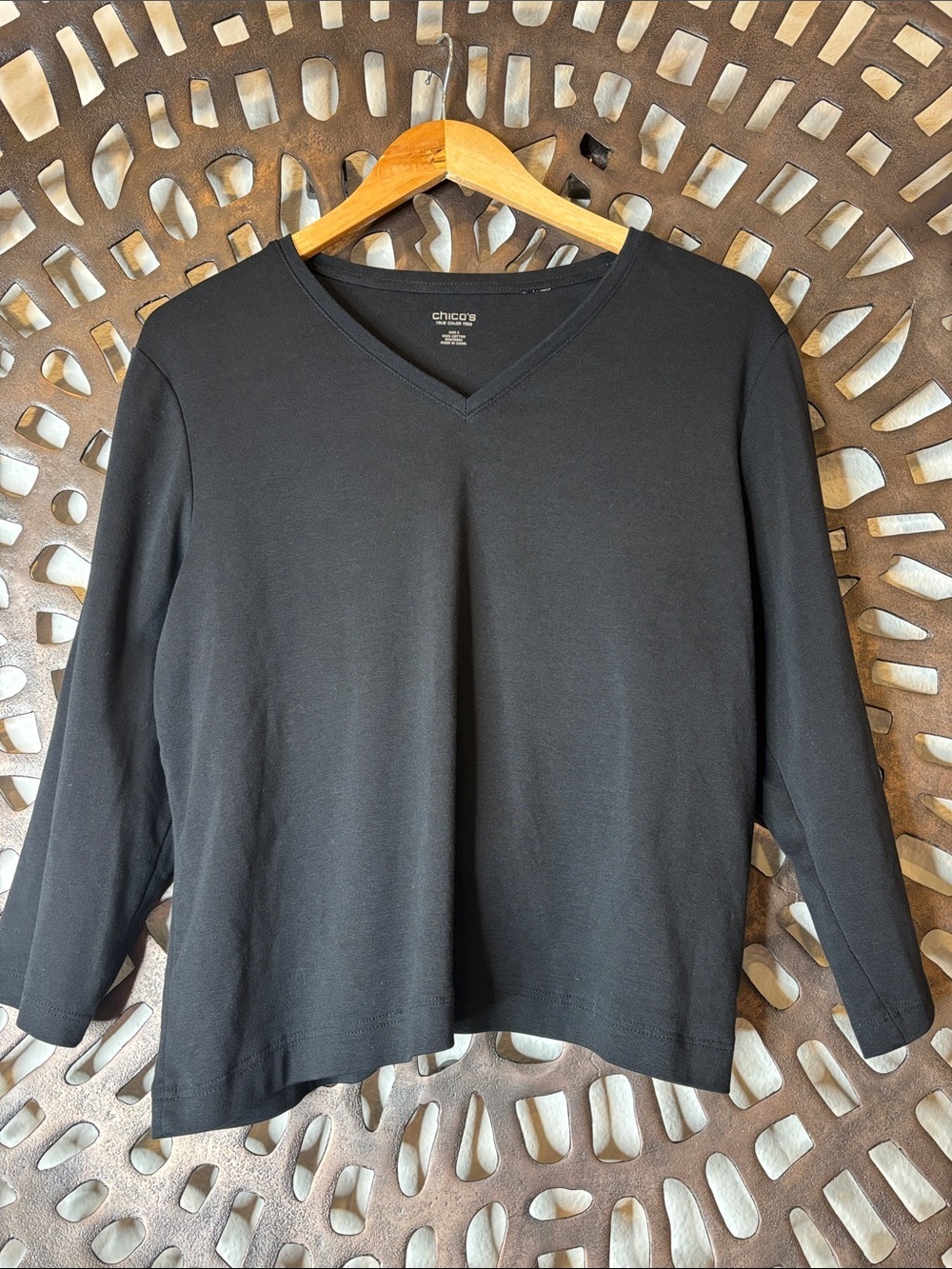🖤 Chico's Black V-Neck Long Sleeve Knit Top True Color Tee Size 3 Cotton Pullov